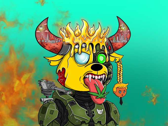A digital illustration of a yellow cartoon character with horns, a flaming crown, one green robotic eye, a tongue sticking out holding a marijuana leaf, and green armor against a teal background.