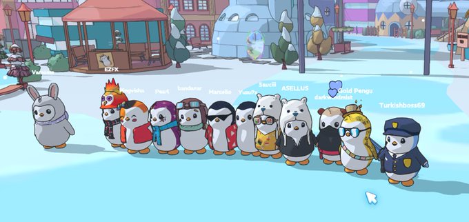 A screenshot from Club Penguin showing a group of penguin avatars with usernames including Ezrx, Smokkle, asellus, darkw, and Turkishboss68 gathered on an icy landscape with igloos and buildings.
