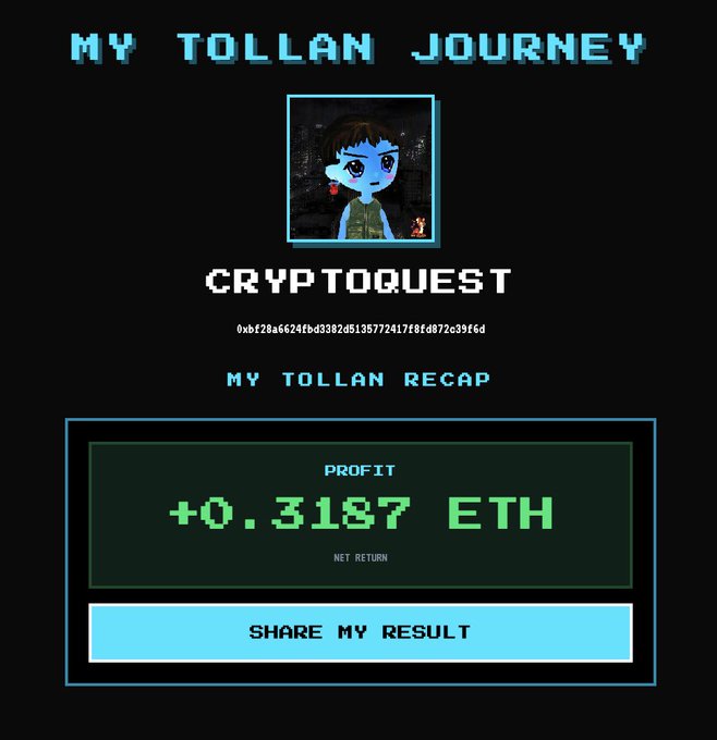 A pixel-art style results screen titled 'MY TOLLAN JOURNEY' for a CRYPTOQUEST, showing a profit of +0.3187 ETH with a 'SHARE MY RESULT' button.