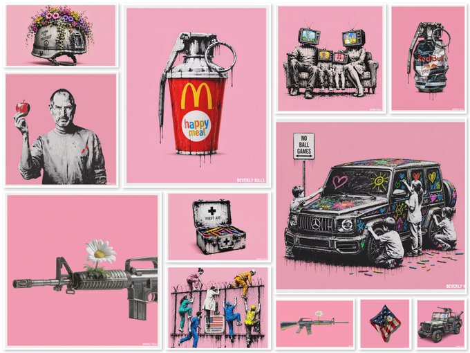 The image showcases a collection of pop-art style prints by street artist Mr. Brainwash (Beverly Kills), featuring iconic imagery reimagined on pink backgrounds—including a McDonald's "Happy Meal" grenade, an M16 rifle blooming with a daisy, children climbing a border wall, and a graffiti-covered Mercedes G-Wagon spray-painted by children.

The caption references the artist as a "goat" (greatest of all time), with visible text including "happy meal," "NO BALL GAMES," and "Red Bull" scattered throughout the prints, blending consumer culture, militarism, and childhood innocence in his signature subversive style.