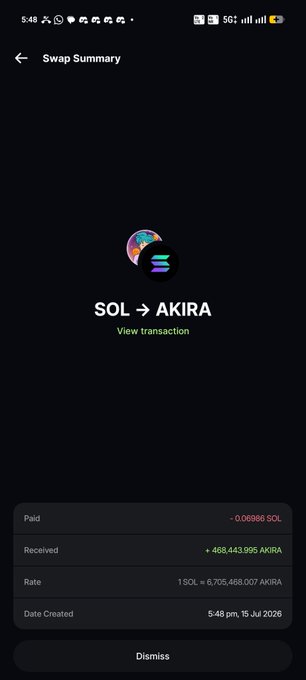 A "Swap Summary" screen shows a successful exchange of -0.06986 SOL for +468,443.995 AKIRA at a rate of 1 SOL = 6,705,468.007 AKIRA, dated 5:49 pm, 15 Jul 2026. The image visually confirms the post's claim of converting weekly SOL earnings from KingSolNFTs into $AKIRA tokens.