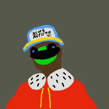 A drawing of a figure wearing a yellow and blue cap that says "King Autism," sunglasses, a red hoodie with a white fur collar, with a green mouth visible.