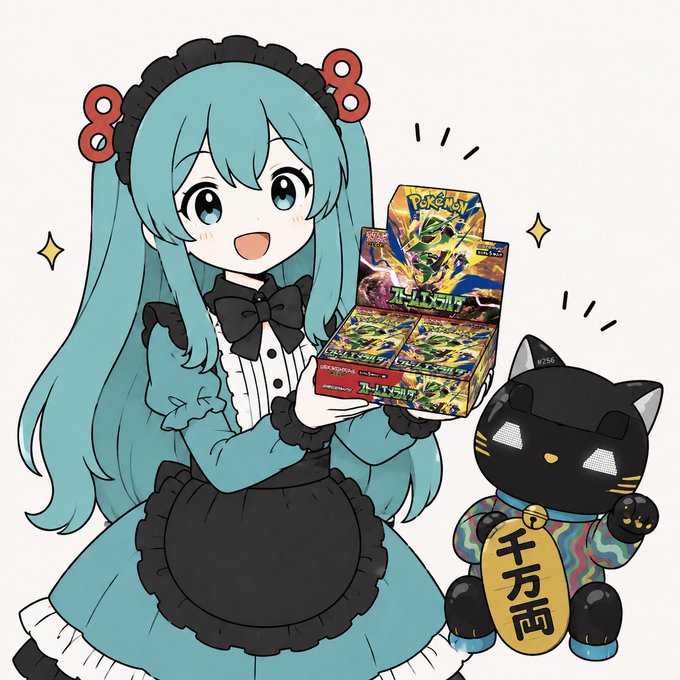 An anime-style illustration of a smiling girl with teal hair in a maid outfit holding a Pokémon trading card game box, accompanied by a black and blue maneki-neko cat figure with Japanese text on its tag.
