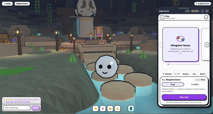 A 3D gaming environment with a white blob character shows an interface for a game called 'Slingshot Sumo' on the Quip Island lobby.