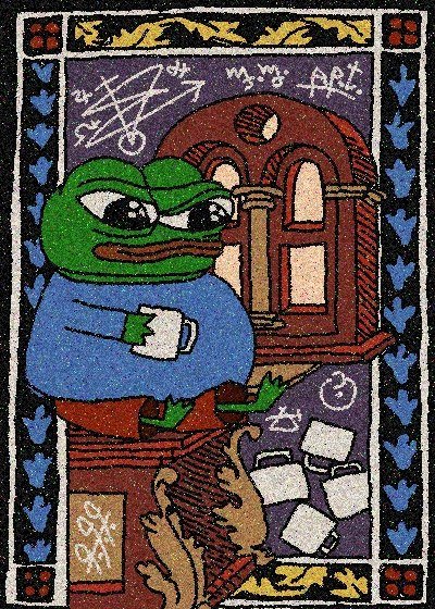 A coffee-themed rug features Pepe the Frog holding a mug beside a domed cabinet, with scattered papers and scribbles (including "m.f.g. A.P.F.") below, humorously illustrating the "Gm" (good morning) crypto greeting as a cozy ritual.