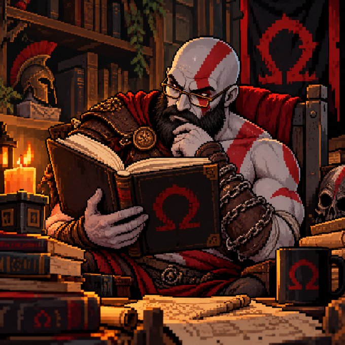 A pixel-art depiction of Kratos from God of War, bearded and wearing glasses, reading a book marked with the Greek Omega (Ω) symbol, with the same Ω branding visible on a mug, banner, and papers—tying into the post's announcement about purging 40 members from their community and opening applications at kratusinners.xyz/apply.