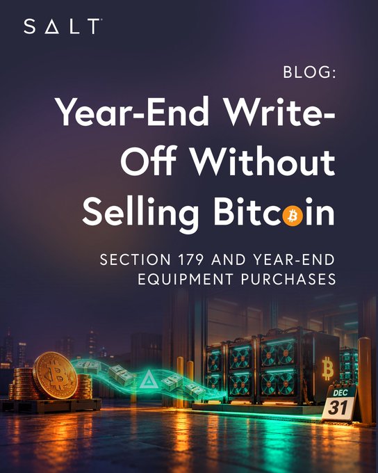 A blog post graphic from SALT titled 'Year-End Write-Off Without Selling Bitcoin' about Section 179 and year-end equipment purchases, featuring stacks of Bitcoin coins and mining equipment against a city skyline with a December 31 calendar.