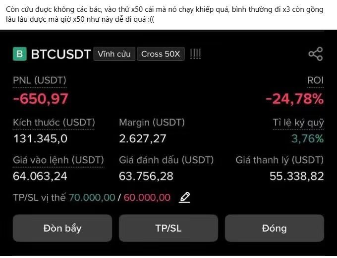 The image shows a BTCUSDT perpetual futures position with 50X cross leverage, displaying a PNL of -650.97 USDT (-24.78% ROI), an entry price of 64,063.24, and a liquidation price of 55,338.82—exemplifying the high-risk leveraged trading the post critiques.