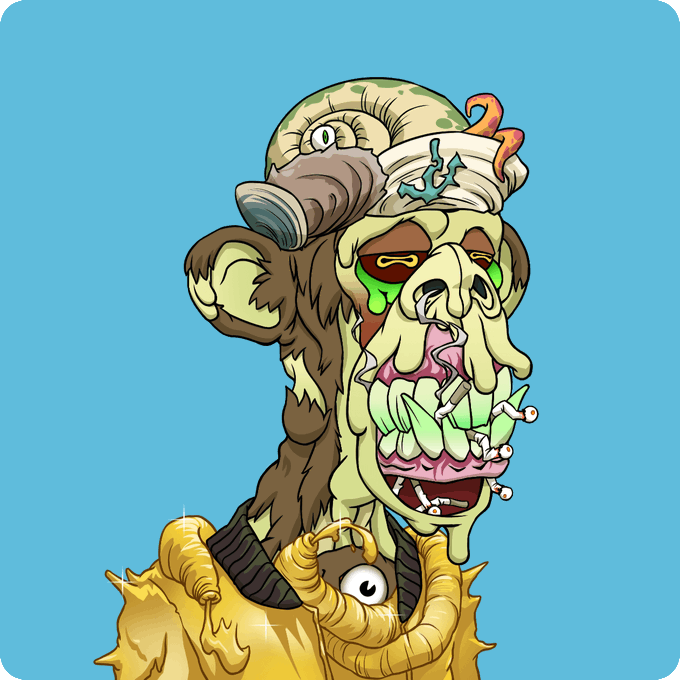 A cartoon zombie-like monkey with green skin, a captain's hat, and melting features smokes a cigarette against a blue background.