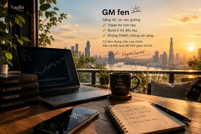 An inspirational trading graphic with the text 'GM fen' features a laptop displaying a trading chart, books titled 'TRADING', 'X CREATOR', 'FREEDOM', and 'VAGIBICAPITAL', alongside a coffee mug and a cityscape background.