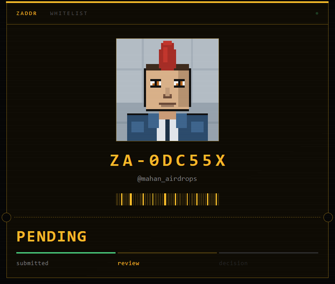 A ZADDR whitelist interface showing a pending application with pixel art character featuring a red mohawk, identifier 'ZA-0DC55X', handle '@mahan_airdrops', displayed in an orange/yellow color scheme.