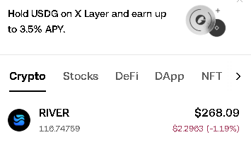 A cryptocurrency price screen shows RIVER token priced at $268.09, down 1.19% ($2.2983), with navigation tabs for Crypto, Stocks, DeFi, DApp, and NFT.