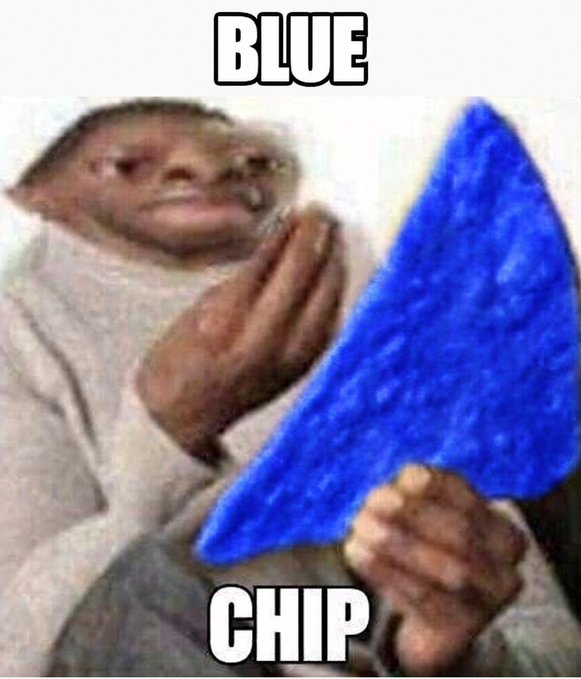 The image is a meme featuring a blurry character holding a blue dorito-shaped chip, with the text "BLUE" at the top and "CHIP" at the bottom, playing on the term "blue-chip" (a term used to describe stable, high-value investments). The meme humorously visualizes the crypto poster's thesis about a "blue chip" investment on Base, turning the financial jargon into a literal blue chip.