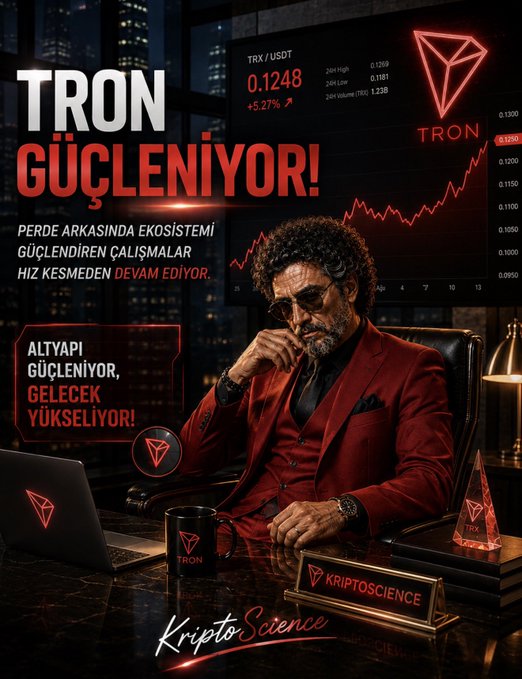 The image shows a stylish promotional graphic featuring a bearded man in a red suit and sunglasses sitting at a desk with a TRON-branded laptop, displaying the text "TRON GÜÇLENİYOR!" (TRON is Strengthening!), "ALTYAPI GÜÇLENIYOR, GELECEK YÜKSELIŞIYOR!" (Infrastructure Strengthening, Future Rising!), and a price chart showing TRX/USDT at 0.1248 (+5.27%), with branding from "KriptoScience" and "KRIPTOSCIENCE" at the bottom.

The graphic visually reinforces the post's message about TRON's quiet but meaningful behind-the-scenes developments, using bold Turkish text and an upward-trending price chart to convey confidence in TRX's strengthening fundamentals despite the seemingly calm market week.