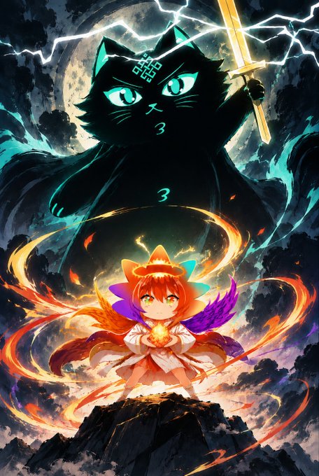 An anime-style character with fiery wings stands on a mountain, facing a giant, dark cat wielding a golden sword amidst a stormy sky with lightning and a full moon. The numbers "3" appear on the cat, possibly relating to the "Ritual Chain" features mentioned.