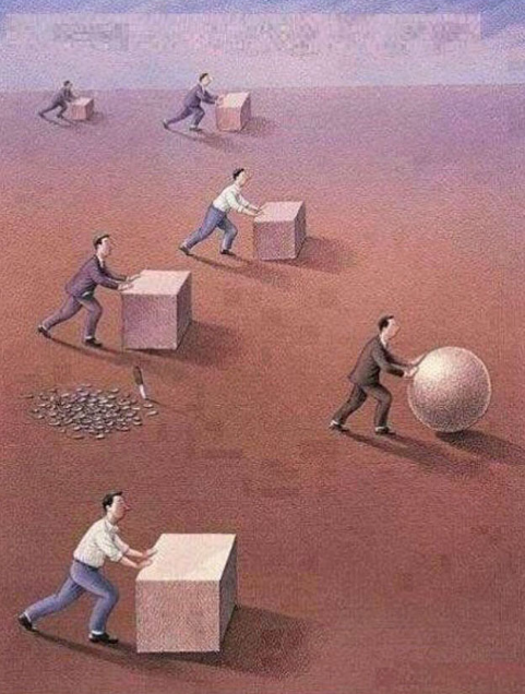 A surreal illustration depicting several men pushing geometric shapes (cubes and a sphere) across a barren landscape, with one man falling into a hole.