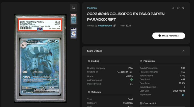 A screenshot showing a 2023 Pokémon card 'GOLISOPOD EX' graded MINT 9 by PSA, listed for sale with a 'MAKE AN OFFER' button.