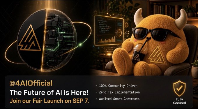 The image is a promotional graphic for "@4AIOfficial" announcing "The Future of AI is Here! Join our Fair Launch on SEP 7," featuring a tech-themed globe and a horned mascot wearing sunglasses while sipping a drink, highlighting key selling points like "100% Community Driven," "Zero Tax Implementation," "Audited Smart Contracts," and "Fully Secured," which aligns with the accompanying post about the 4AI token launch on BNB Chain and its connection to AI agents and tokenized NVIDIA stock.