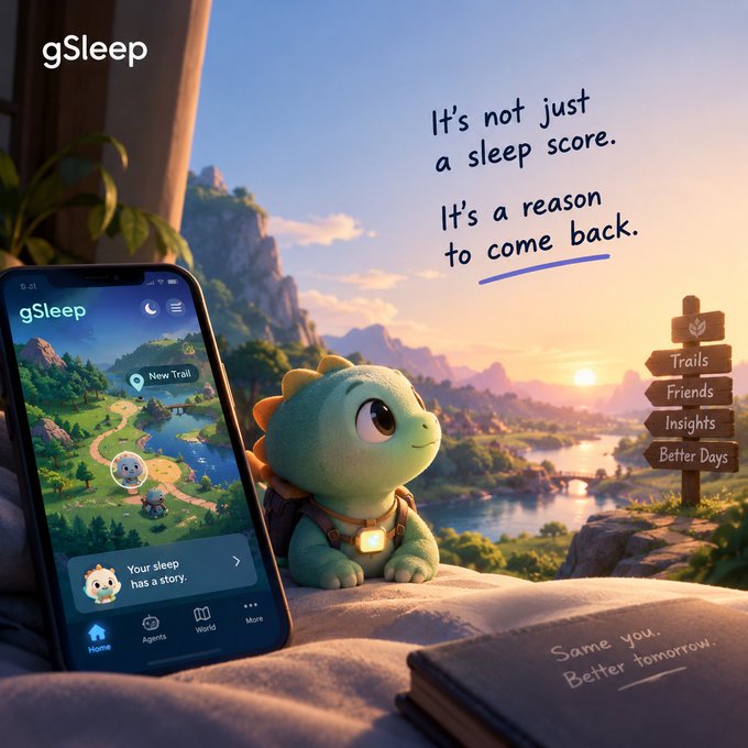 An advertisement for 'gSleep' featuring a cute green dragon character wearing a backpack, sitting beside a smartphone displaying a game-like sleep tracking interface, with the text 'It's not just a sleep score. It's a reason to come back.'
