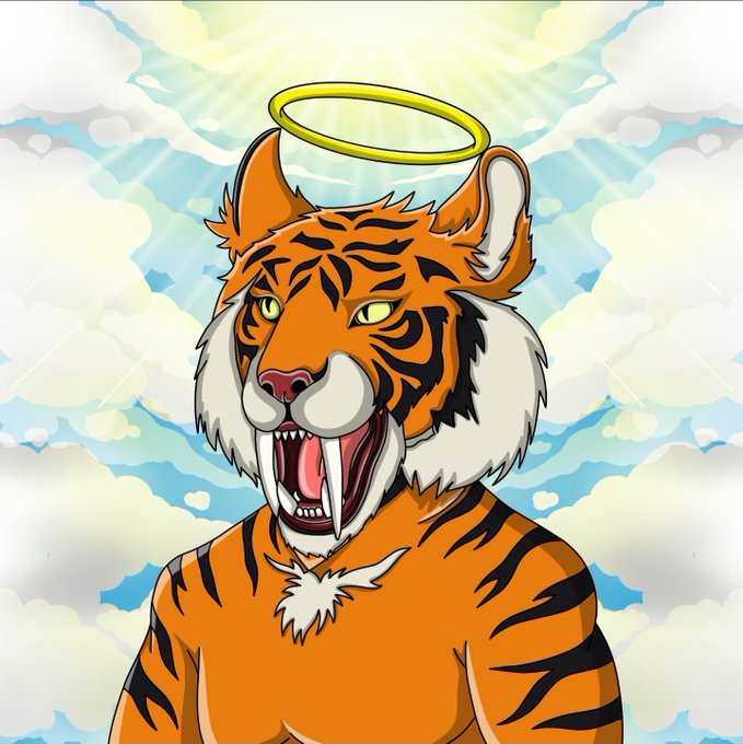 A vibrant cartoon illustration of a snarling tiger with a golden halo, set against a heavenly sky with clouds and rays of light.