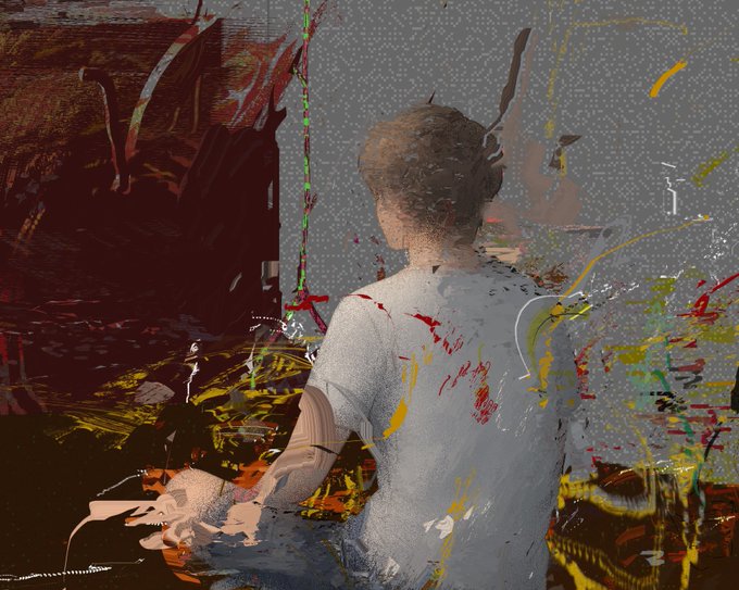 An abstract digital artwork showing the back view of a person in a white t-shirt surrounded by splattered paint in dark reds, yellows, and grays.