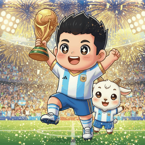 A chibi-style cartoon of a boy in an Argentina national football team jersey holding up the World Cup trophy next to a cute goat mascot, set against a stadium backdrop with fireworks.