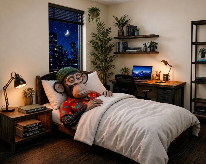 A monkey character wearing a green beanie sleeping in bed in a modern room with a desk, laptop, and city view through the window at night.