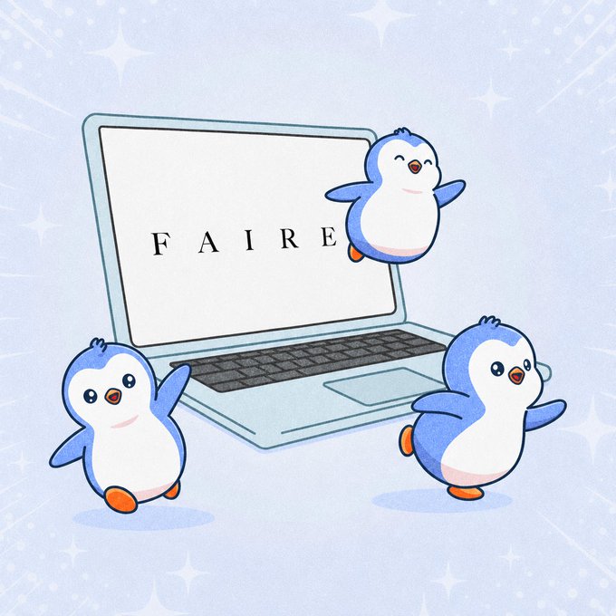 A cute illustration of three blue penguins dancing around a laptop displaying the word 'FAIRE' on a sparkly light blue background.