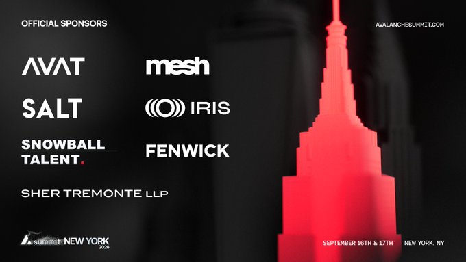 The image is a promotional graphic for Avalanche Summit New York 2023, featuring a red-lit skyscraper silhouette against a black background, alongside a list of official sponsors including AVAT, mesh, SALT, IRIS, Snowball Talent, Fenwick, and Sher Tremonte LLP. It also displays the event dates (September 16th & 17th) and location (New York, NY), aligning with the post's announcement of these blockchain-forward companies as official sponsors of the summit.