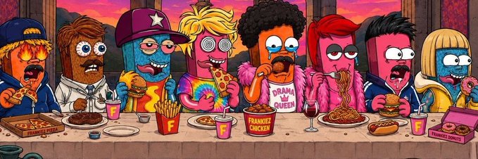 A vibrant, cartoon-style illustration parodying "The Last Supper," featuring a row of colorful characters eating junk food like pizza, fries, and burgers at a long table branded with "FRANKIEZ CHICKEN" and "F" logos. The image supports the giveaway announcement by showcasing the playful, hand-drawn art style of the upcoming 4,444 Frankiez NFT collection on Robinhood.