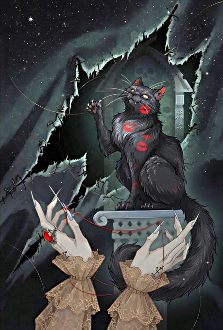 A dark fantasy illustration of a large, fluffy black cat with glowing red eyes and mouth markings sitting on a pedestal, while a pair of pale hands in lacy sleeves below hold threads connected to the cat, with a shadowy ruined building and swords in the background.