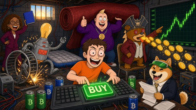 A colorful cartoon illustration depicting cryptocurrency themes, featuring a man pressing a 'BUY' button, a Shiba Inu dog in a suit, Bitcoin and altcoin references, and a green price chart.