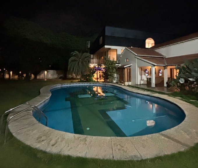The image features an outdoor swimming pool with a large stone edge surrounded by lush green grass. The pool has a unique design, resembling a giant bowl or vase shape. In front of the pool area, there are two palm trees providing shade for those relaxing by the water. A house can be seen in the background, adding to the overall ambiance of the scene.

The image also contains text that reads "GM, you'll only spot @base punks NFT if you're not a loser". This message seems to be related to the pool area or possibly the surrounding environment.