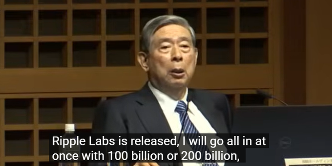 The image shows a man giving a speech at an event, with a podium visible behind him. The text above his head reads "Ripple Labs is released, I will go all in at once with ¥100 billion or even ¥200 billion all at once". This suggests that Ripple Labs has recently gone public and the speaker intends to invest a significant amount of money into the company's growth.