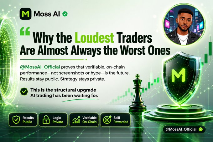 A promotional graphic for 'Moss AI' (@MossAI_Official) featuring a cartoon avatar, a chess king piece, and a shield logo, with the headline 'Why the Loudest Traders Are Almost Always the Worst Ones' and tags like 'Results Public' and 'Logic Private'.