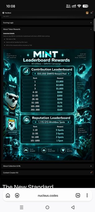 A mobile screenshot of a Mint Leaderboard Rewards page displaying a $50,000 MMTR Reward Pool and a 1,170 GTD MiniABear Spots Leaderboard with various rank tiers.