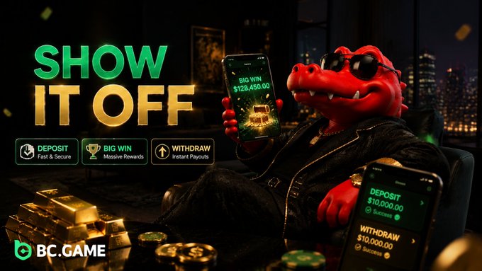 A promotional advertisement for BC.GAME featuring an anthropomorphic alligator wearing sunglasses and a leather jacket, holding up a phone displaying a 'BIG WIN $128,450.00' message, with 'SHOW IT OFF' text and gold bars visible.