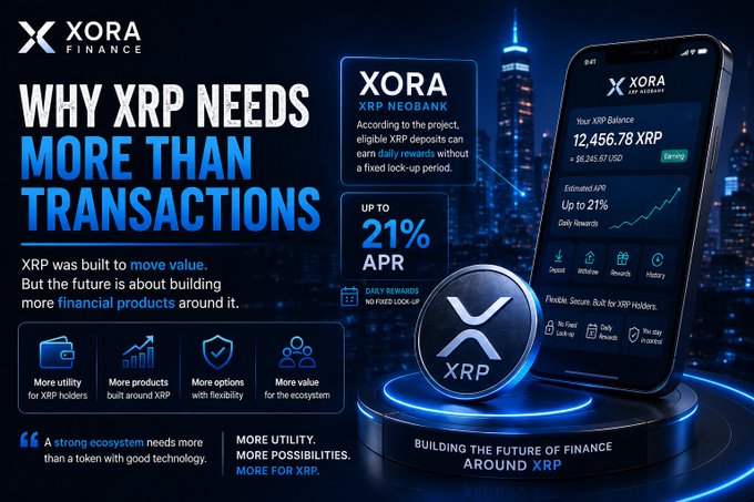 A promotional graphic for XORA Finance (XORA XRP Neobank) highlights its up to 21% daily rewards product for XRP holders, featuring an example balance of 12,456.78 XRP (~$6,245.07 USD) on a smartphone interface against a blue tech-themed background with the tagline "Building the future of finance around XRP." The image illustrates the post's message about expanding XRP's utility beyond simple transactions by offering additional financial products like earning rewards.