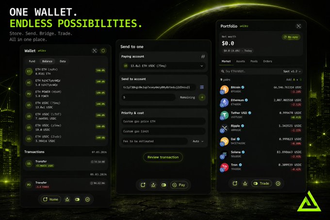 A promotional graphic for a crypto wallet displaying 'ONE WALLET. ENDLESS POSSIBILITIES.' with three mobile app screens showing wallet balances, a send transaction interface, and a portfolio tracker listing tokens like Bitcoin, Ethereum, Tether, and others with price changes.
