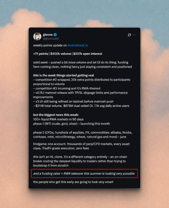 In this image, there is a tweet that has been updated with a caption about a certain amount of money being raised. The original tweet was posted before the update, which reads "called the variational io raise in my quote before it was made public 2 weeks later my quant has been early on lighter, variational, and the $50M raise he just flagged something else i'll be dropping hints in my updates over the coming days". The new caption below the tweet states that a variable has been raised by a certain amount.