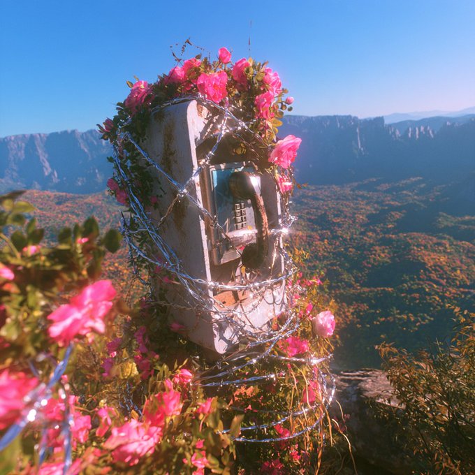 An old, flower- and barbed-wire-covered payphone sits on a cliffside overlooking a vast, mountainous autumn landscape.