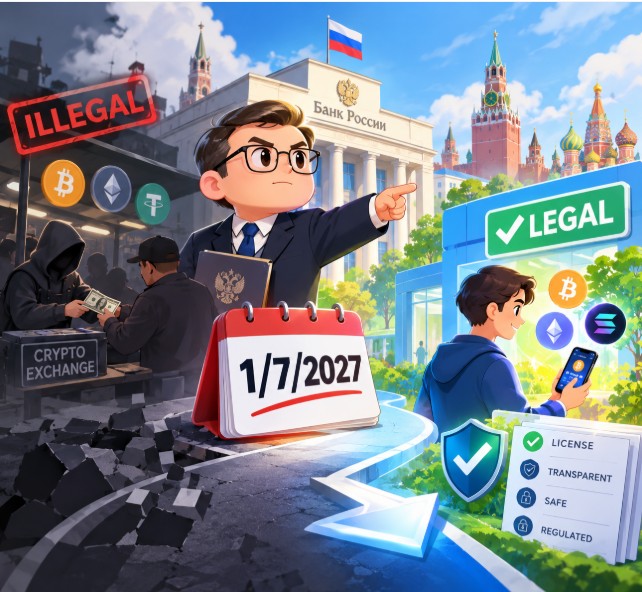 An illustration contrasting illegal and legal crypto activities in Russia, featuring a stern official, the Bank of Russia, and the Kremlin, with a calendar marking '1/7/2027' and legal attributes like 'License' and 'Regulated'.