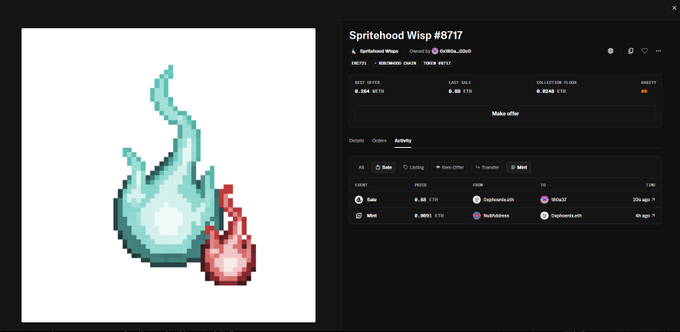 An OpenSea NFT listing page displaying a pixel art 'Spritehood Wisp #8717' token priced at 0.28 ETH, showing ownership and bid history.