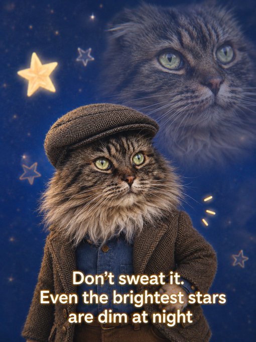 An inspirational image showing a tabby cat wearing a flat cap and tweed jacket against a starry night sky, with another cat's face in the background, captioned 'Don't sweat it. Even the brightest stars are dim at night'.