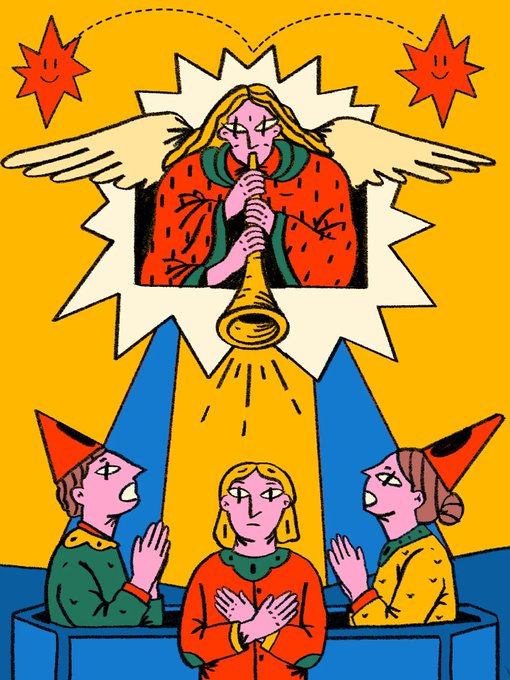A colorful illustration of an angel with blonde hair playing a trumpet, illuminating three figures below wearing party hats, against a yellow background with smiling star characters.