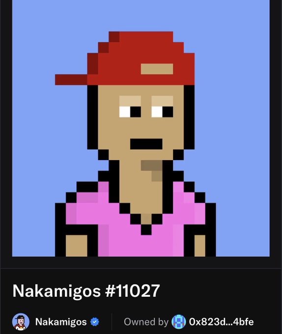 A pixel art NFT profile image of a character wearing a red cap and pink shirt, labeled 'Nakamigos #11027' with ownership details 'Owned by 0x823d...4bfe'.