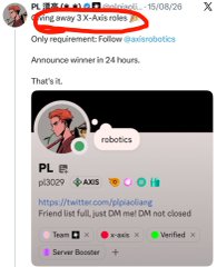 The image shows a tweet announcing a giveaway of "3 X-Axis roles" by an account called "PL" (@pl3029) requiring only a follow to @airoboticx, with a 24-hour winner announcement, which the accompanying post criticizes as a classic engagement-farming tactic by a low-quality affiliate account.