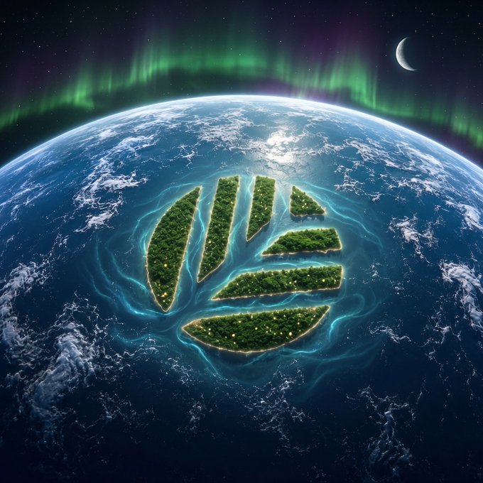 A view of Earth from space with green aurora borealis in the sky and a crescent moon, featuring tropical islands arranged to form the World Wildlife Fund (WWF) panda logo in the ocean.