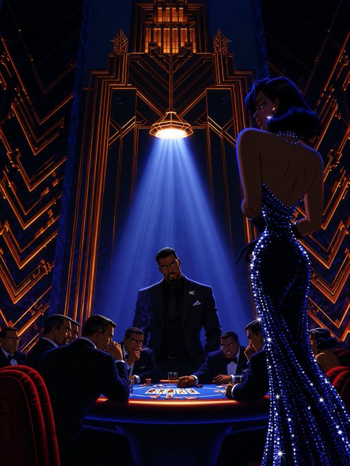 An Art Deco style illustration of a casino scene with a man at a poker table and a woman in a blue sequined dress standing nearby.