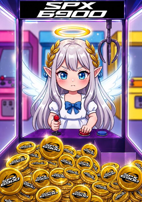 Anime-style slot machine artwork titled 'SPX 6900' featuring a white-haired angel girl with a halo playing the machine, surrounded by gold coins bearing the SPX 6900 logo.